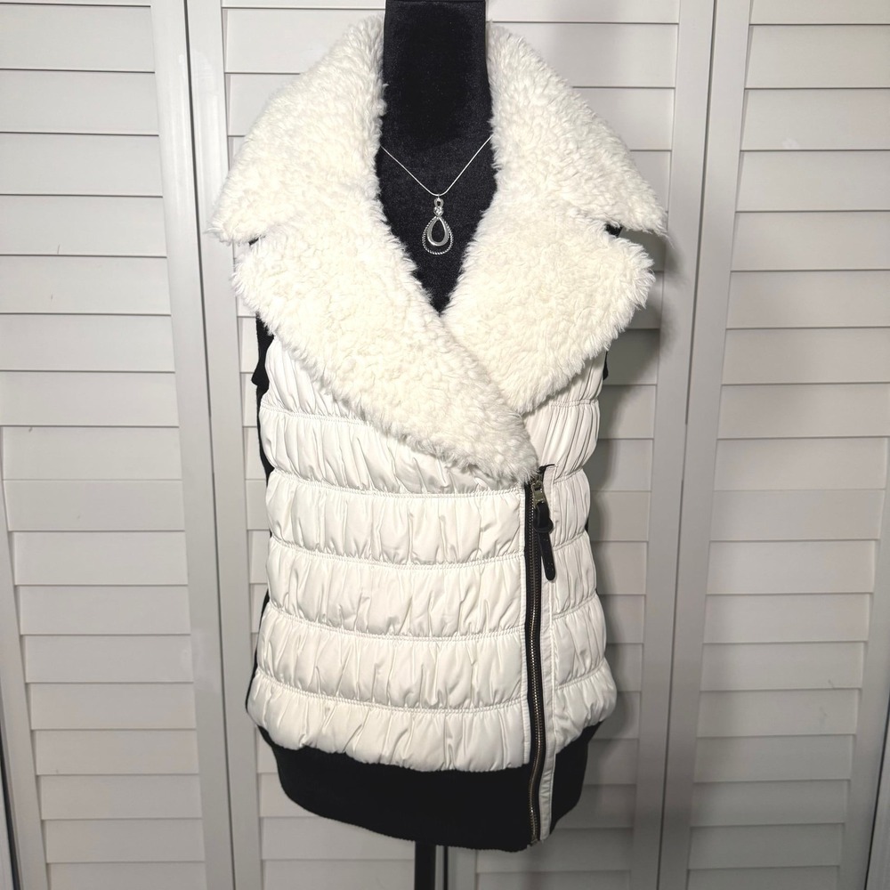 Calvin Klein Performance Womens Puffer Vest White Faux‎ Shearling Collar Small